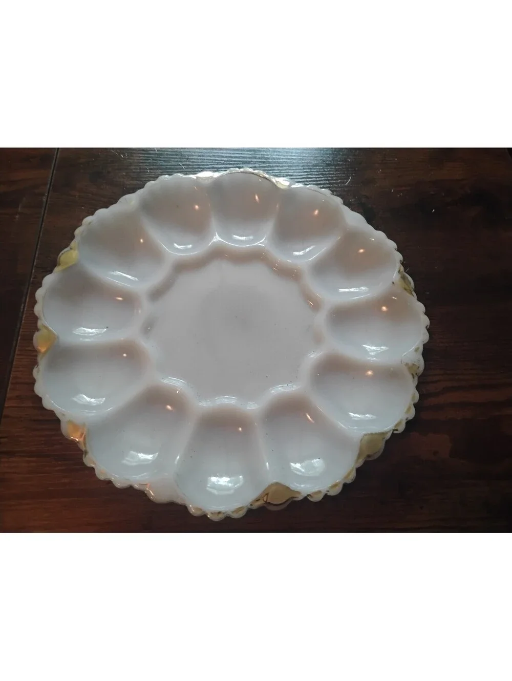 Vintage White Ceramic Deviled Egg Serving Platter with Gold Trim